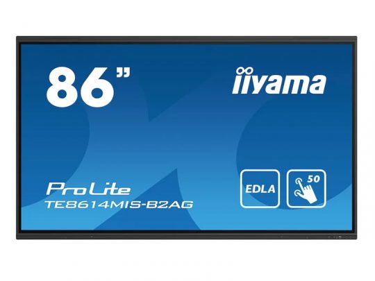 86-inch iiyama ProLite TE8614MIS-B2AG interactive display screen shown on a blue background, featuring the EDLA logo and 50-point touch icons.