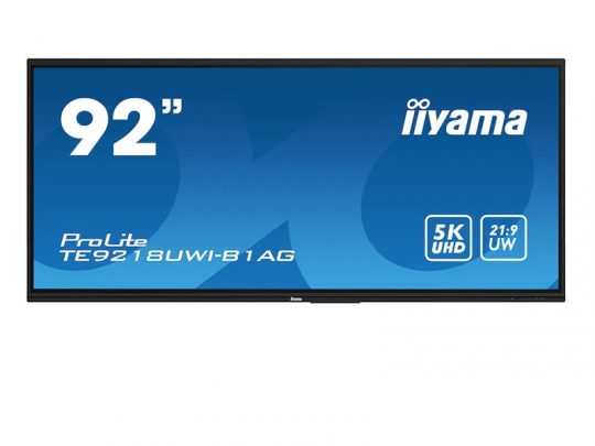 Large 92-inch iiyama ProLite TE9218UWI-B1AG monitor with a blue screen featuring white text that reads “92”, 5K UHD, and 21:9 UW,” highlighting its ultra-wide display and high resolution.