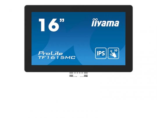 16-inch iiyama ProLite TF1615MC monitor with a blue display screen, showing white icons representing IPS technology and 10-point touch capability. The screen is surrounded by a slim black bezel, highlighting its modern design and interactive features.