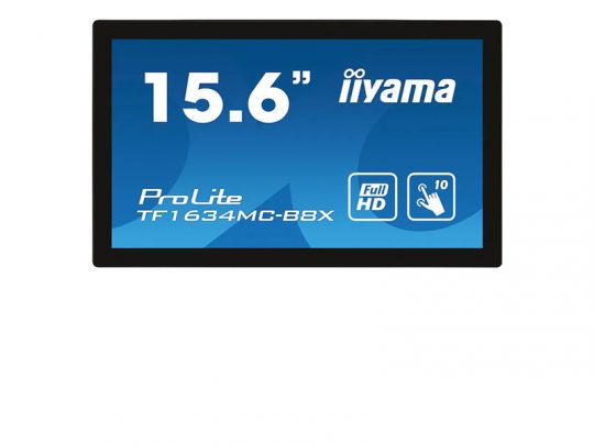 Iiyama ProLite TF1634MC-B8X 15.6-inch touchscreen monitor with Full HD display and 10-point multi-touch support, displayed against a blue background.