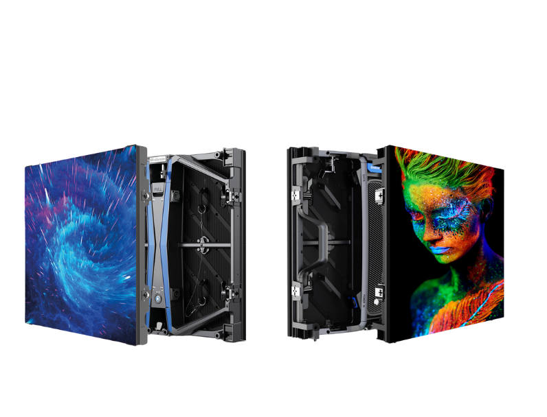 Two LED display panels—one showing a blue swirling abstract pattern, the other featuring a person with vibrant ultraviolet face paint—are partially open to reveal their internal electronic components, illustrating both the visual quality and build structure of the LED screens.