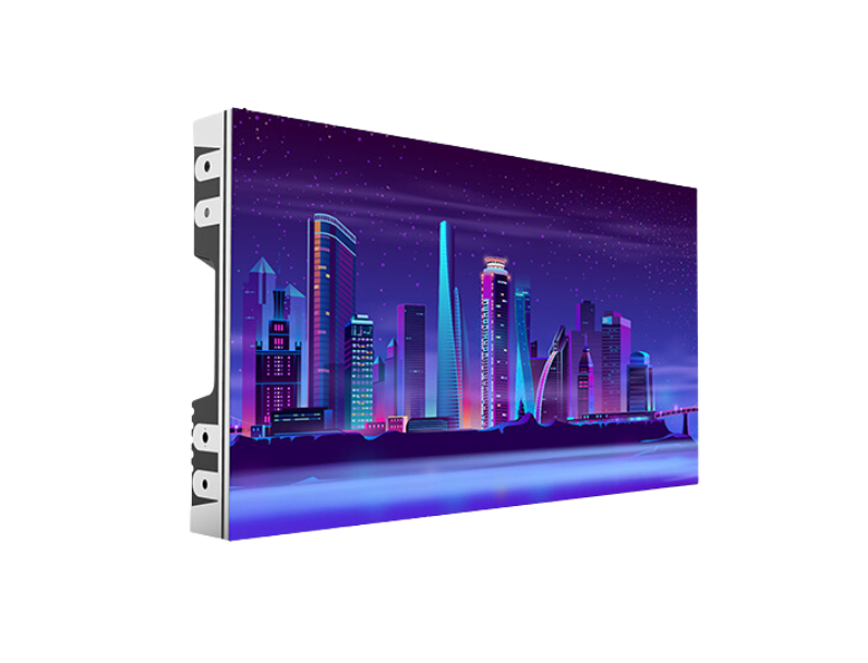 Rectangular LED display screen showing a vibrant, futuristic cityscape at night with glowing skyscrapers, neon lights, and purple skies; product name: Futuraview LED Display—angled side view highlights vivid colors and sharp image quality.