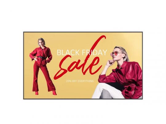 LG 110UM5K-B 110 UHD Signage Display Black Friday Sale: Image shows a blonde woman in red posing standing on the left and sitting on the right, with “20% off everything” text on a bold yellow background. Perfect for eye-catching retail promotions and digital signage displays.