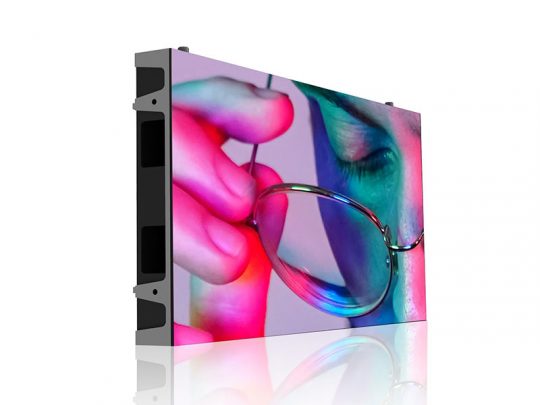 Rectangular LED display screen showing a vibrant close-up of a person holding eyeglasses near their face, illuminated with pink and blue lighting, on a white background. Perfect for advertising or digital signage.