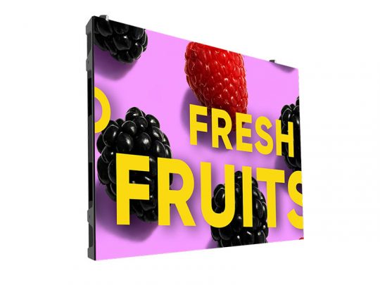 Display screen showing the words FRESH FRUITS in bold yellow text over a pink background with scattered blackberries and a raspberry. Perfect for advertising fresh fruit deals or healthy food promotions.
