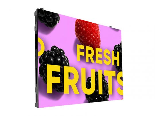 Digital screen showing blackberries and a raspberry on a pink background, with bold yellow text FRESH FRUITS promoting fresh berries.