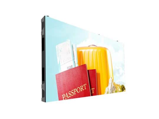 Display screen showing an image of two red passports, boarding passes, and a yellow suitcase set against a light blue sky with clouds—perfect travel essentials for international trips.