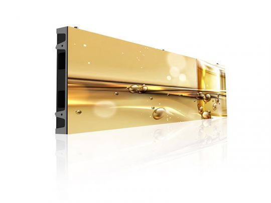 Sleek rectangular LED display panel featuring a vibrant golden abstract design with bubbles and liquid-like patterns, showcased on a reflective white background. Perfect for modern digital signage or home decor.