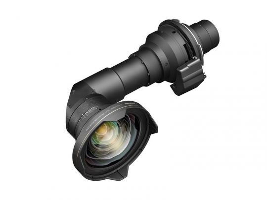 Professional cinema camera lens attachment featuring a wide, curved glass front element and an angled, cylindrical black metal body; designed for high-quality film production.