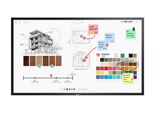 Digital whiteboard displaying architectural sketches, building drawing, color swatches, handwritten notes, and arrows for collaborative design planning—ideal for architects and creative teams.
