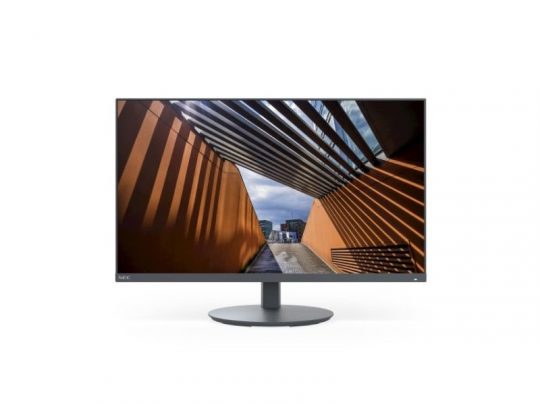 Computer monitor displaying a modern architectural scene with orange walls, strong shadows, and sunlight forming dramatic geometric patterns—ideal for showcasing vibrant colors and sharp details.