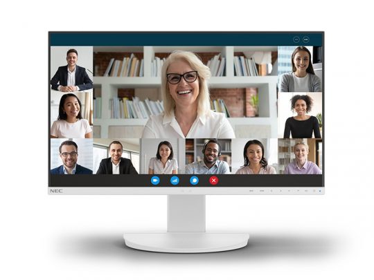 Computer monitor displaying a video conference with ten participants, each in separate video boxes, smiling and engaged in an online meeting—ideal for virtual team collaboration.