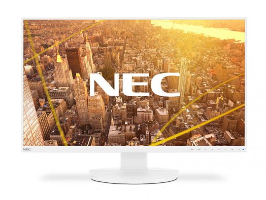 NEC white computer monitor displaying a city skyline aerial view at sunset; large NEC logo appears on the screen center. The monitor features a slim bezel and stands on a rectangular base, highlighting its modern design. Ideal for office or home use.