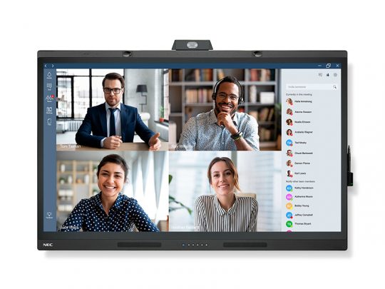 Computer screen displaying a video conference using video call software, showing four diverse people smiling and talking in separate windows, with a list of participants visible on the right side of the display.