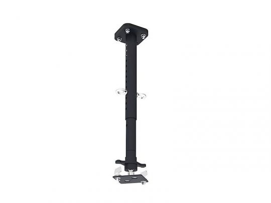 Black adjustable ceiling mount bracket with rectangular base and arm, designed for securely holding projectors or cameras, shown isolated on a white background.