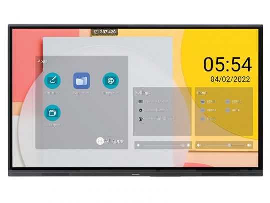 SMART Board interactive flat-panel display showing a digital interface with app icons, settings, and input options on a vibrant geometric background; screen displays the time 05:54 and date 04/02/2022.