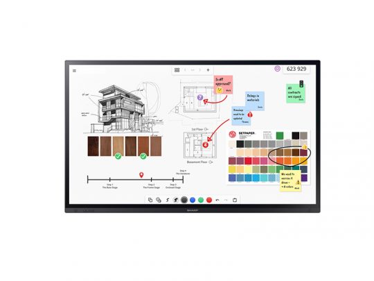 Digital whiteboard for architecture projects showing architectural sketches, diagrams, color swatches, handwritten notes, and colorful digital sticky notes. The interactive screen highlights collaborative brainstorming and design planning tools.