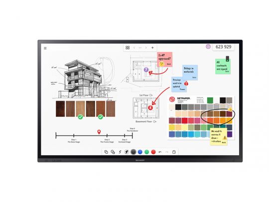 A digital whiteboard displaying architectural sketches, floor plans, wood samples, color swatches, and annotated notes for collaborative design planning. Ideal for architects and interior designers using interactive digital whiteboards for project visualization and teamwork.