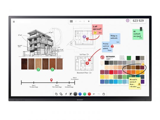 Digital whiteboard showcasing architectural sketches, detailed floor plans, colorful sticky notes, material samples, and a vibrant color palette during a collaborative design brainstorming session—ideal for architects and interior designers.