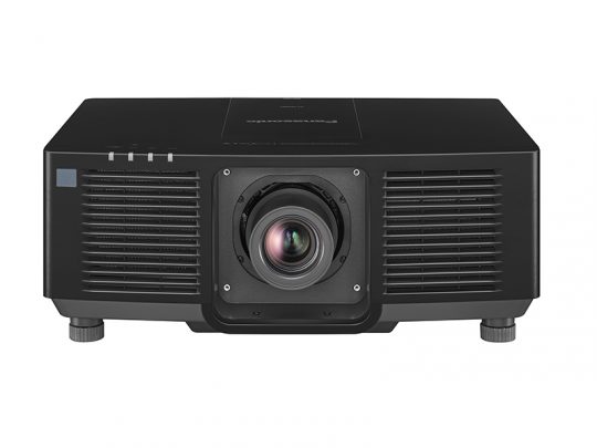 Front view of a black Panasonic projector featuring a large central lens, adjustable feet for leveling, and vent grilles on both sides, displayed against a white background.