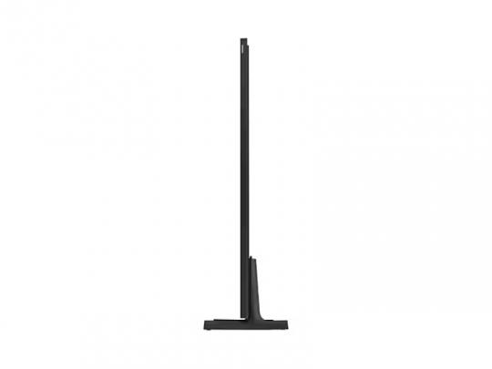 Side view of a Samsung The Frame 43-inch 4K UHD QLED TV for rent, showcasing its ultra-slim profile and minimalist modern stand against a white background.