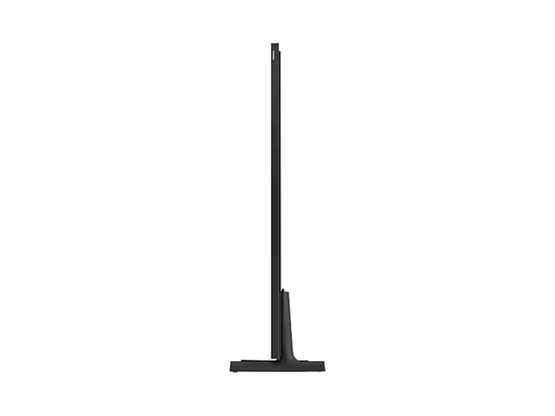 Side view of a Samsung The Frame 43-inch 4K UHD QLED TV for rent, showcasing its ultra-slim profile and minimalist modern stand against a white background.