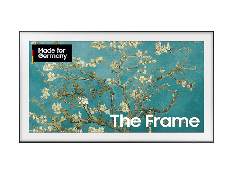 Samsung The Frame TV displays a painting of blossoming tree branches on a teal background; The Frame and Made for Germany labels are shown in the top left corner.