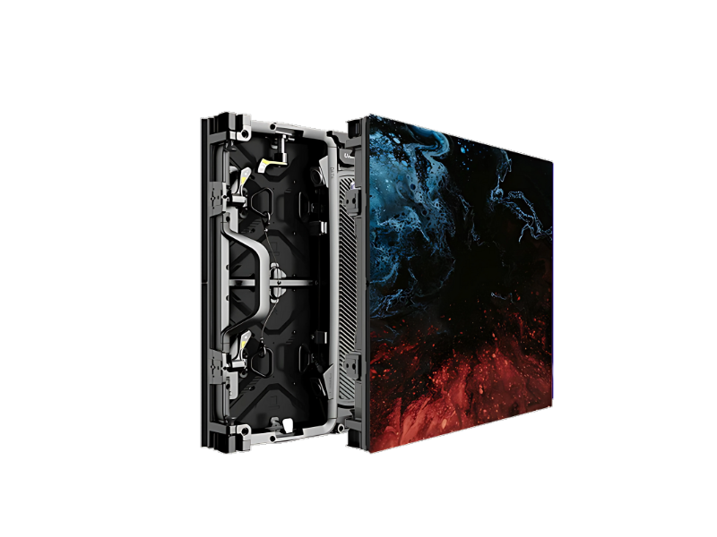 High-tech LED display panel, partially detached from its wall mount, exposing internal electronic components. The screen displays vivid abstract blue and red swirling patterns, showcasing advanced display technology. Ideal for digital signage and professional video walls.