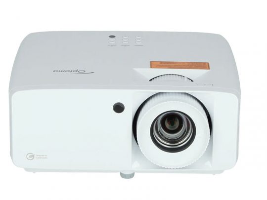 Optoma white projector with top control buttons, large front lens, and small label beside the lens, displayed on a plain white background.