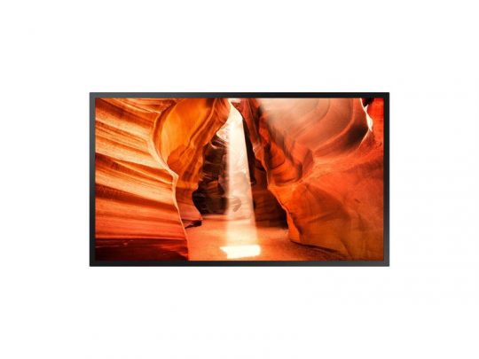 A vivid image displayed on the Samsung OM55N-S 55 Inch Semi Outdoor Display shows a narrow slot canyon with smooth, orange-red rock walls and a sunbeam illuminating the sandy floor, highlighting the screen’s bright, detailed picture quality.