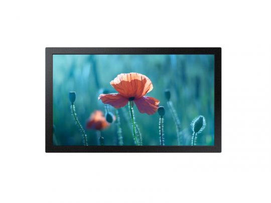 Samsung QB13R-M 13 Inch Small Signage displays a vivid close-up image of an orange poppy flower with green stems and buds on a blurred blue-green background. The slim, modern digital signage screen is designed for vibrant retail or business displays.