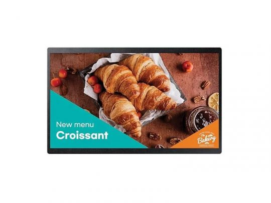 Samsung QB24C 24 Inch Small Signage displays a vivid image of golden croissants on parchment paper, surrounded by fresh cherry tomatoes, pecans, and a jar of jam. Text on the screen reads New menu Croissant and The Bakery. Perfect for digital menus or bakery promotions.