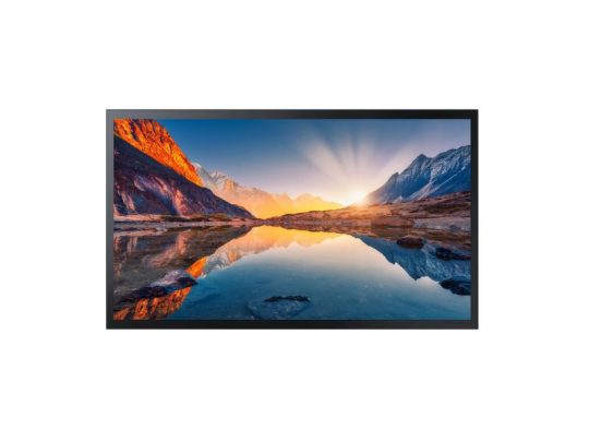 Framed photograph of a sunrise mountain landscape with sun rays and lake reflections displayed on the Samsung QM55B-T 55 Inch Touch-Display.