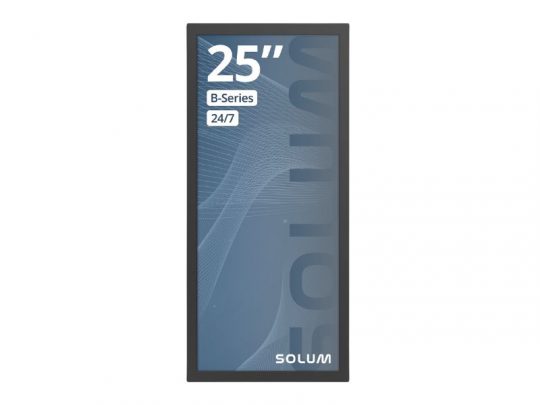 Solum LCD Signage B25A - rechteckiges 25 Zoll QHD Bar Display, abgebildet auf einem blau-grauen Wellenhintergrund mit weißem Text; unten im Bild steht "SOLUM". Ideal zur Miete oder zum Kaufen, Neuware.