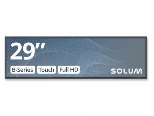 Solum Newton Signage B29A - 29 Zoll QHD Bar Display (Neuware) mit schmalem, rechteckigen Bildschirm. Auf dem Display sind die Schriftzüge "B-Series", "Touch", "Full HD" und das Logo "SOLUM" auf blauem Hintergrund mit Wellenmuster zu sehen; ideal zum Kaufen oder Mieten für digitale Beschilderungen.