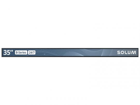 Solum Newton Signage B35A - 35 Zoll FHD Bar Display als schmales, breites Digitaldisplay mit dem Schriftzug "35 Zoll FHD Bar Display - Solum Newton Signage B35A (Neuware) kaufen" links und dem SOLUM Logo rechts auf blau-grauem Hintergrund, ideal zum Kaufen oder Mieten.