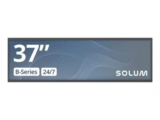 Solum Newton Signage B37A, neues 37-Zoll-FHD Bar Display mit rechteckigem, digitalem Bildschirm und SOLUM-Logo, präsentiert sich vor blauem Wellen-Hintergrund - ideal zur vielseitigen Business-Nutzung.