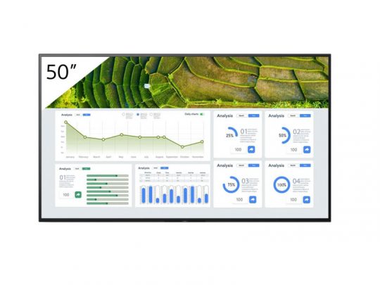 50-Zoll-Display zur Miete oder zum Kauf, zeigt oben ein grünes Luftbild und darunter Geschäftsanalysen mit Linien- und Balkendiagrammen sowie Prozentwerten; ideal für Präsentationen und Datenanalysen.