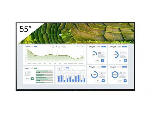 55-Zoll-Flachbildschirm, ideal zum Kaufen oder Mieten, zeigt oben eine grüne Luftaufnahme einer Landschaft und unten Geschäftsdaten mit Liniendiagrammen, Balkendiagrammen und Statistiken. Perfektes Display für Präsentationen und Datenvisualisierung.