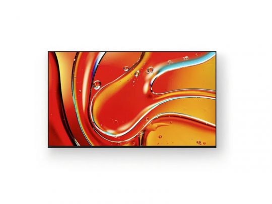Moderner Flachbildfernseher, ideal zum Mieten oder Kaufen, zeigt ein brillantes abstraktes Bild mit wirbelnden Rot-, Orange- und Gelbtönen sowie verstreuten Blasen auf weißem Hintergrund. Perfekt für Heimkino, gestochen scharfe Darstellung und stilvolles Design.