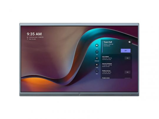Yealink ETV65 65-Zoll Touch Erweiterungsdisplay zeigt auf dem Bildschirm eine moderne Benutzeroberfläche mit Uhrzeit, Datum und einer Meeting-Agenda "Town Hall" vor einem Hintergrund aus abstrakten, farbenfrohen Mustern. Ideal für Konferenzräume und professionelle Meetings.