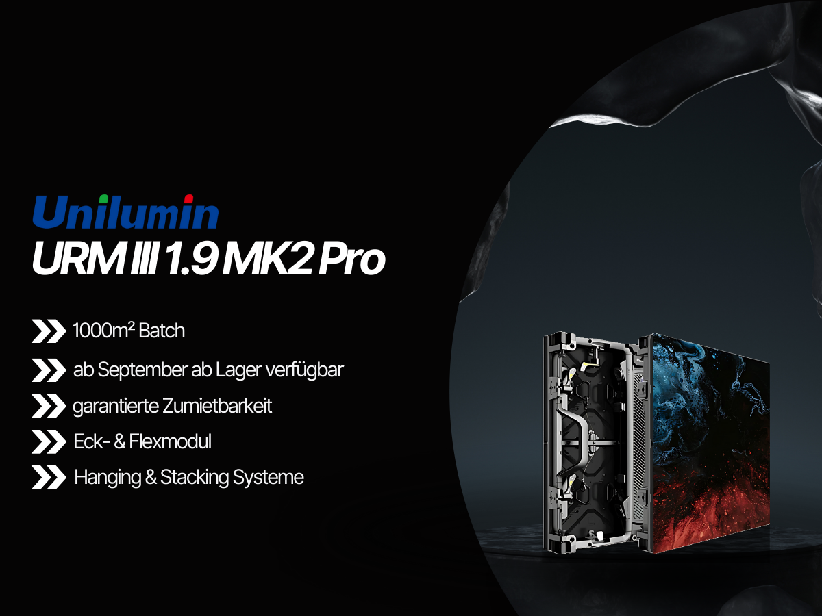 Promografik der Unilumin URM III 1.9 MK2 Pro LED-Videowand vor schwarzem Hintergrund; das Display ist frontal zu sehen, daneben steht auf Deutsch: "Verfügbarkeit", "Flexibilität", "Stacking-Systeme" sowie die Optionen "mieten oder kaufen".