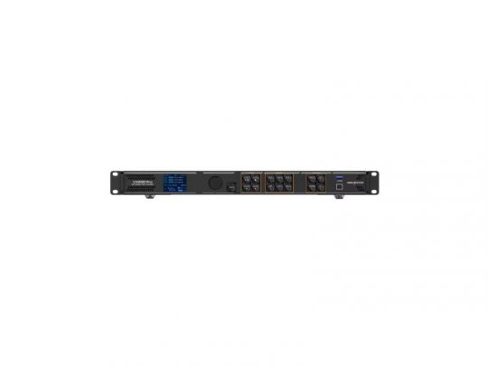 Frontansicht des All-In-One LED-Controllers NovaStar VX600 Pro (Neuware) - schwarzes Rackmount-Gerät mit mehreren Anschlussports, Bedientasten und blauem Digitaldisplay; ideal zum Kaufen oder Mieten für professionelle LED-Steuerung.