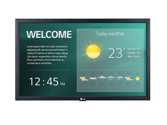 Digitales LG Display zeigt eine Willkommensnachricht, die Uhrzeit (12:45 Uhr), das aktuelle Wetter mit Sonnensymbol und 23°C sowie eine Wochenvorschau mit Wetter-Icons. Ideal für Empfangsbereiche zur Anzeige von Begrüßung, Zeit und Wetterinformationen.
