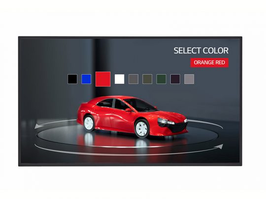Digitales Display mit der Abbildung eines roten Autos und einem Farbauswahlmenü darüber. Im Menü sind mehrere Autolackfarben wie Schwarz, Blau, Weiß, Rot und weitere sichtbar; die aktuelle Auswahl ist Orange Rot hervorgehoben. Das Bild zeigt eine typische Benutzeroberfläche zur Farbwahl bei Konfiguratoren für Autos.