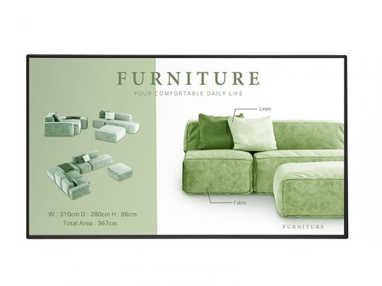 Grünes Ecksofa "Green Sectional Sofa" mit markierten Bereichen aus Leinen und Stoff. Auf dem Hauptbild ist das Sofa in U-Form zu sehen, weitere kleine Bilder zeigen alternative Anordnungen. Maße laut Text: Breite 310 cm, Tiefe 280 cm, Höhe 86 cm; Gesamtfläche 3,67 m². Ideal für ein modernes Wohnzimmer und flexibel konfigurierbar.