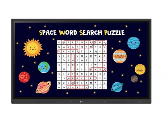 Bildschirm mit "Space Word Search Puzzle" - ein Weltraum-Wortsuchrätsel mit hervorgehobenen Raumfahrtbegriffen im zentralen Buchstabengitter, umgeben von bunten Cartoon-Planeten und Sternen. Ideal für Kinder zur Förderung der Wortschatzentwicklung rund um das Thema Weltall.