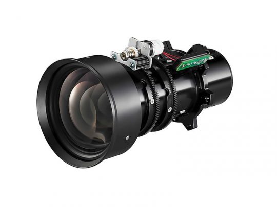 Professionelles Kameraobjektiv mit sichtbaren Zahnrädern, Einstellringen und elektronischen Komponenten vor weißem Hintergrund; das Objektiv zeigt mehrere Glaselemente und Metallteile. Perfekt für hochwertige Fotografie-Ausrüstung.