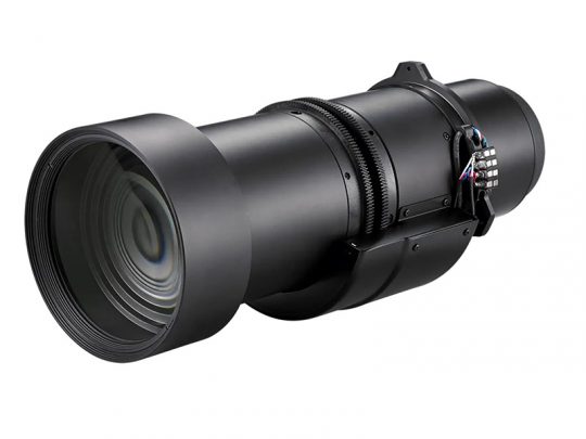 Großes, schwarzes Teleobjektiv für Kameras, Modell mit mehreren Einstellringen und angebauter Steuereinheit, vor weißem Hintergrund. Ideal für professionelle Fotografie mit präziser Steuerung und hoher Reichweite.