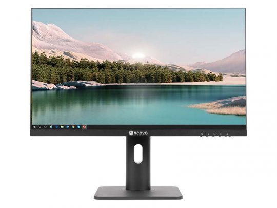Computer-Monitor mit dünnem Rahmen auf rechteckigem Standfuß, zeigt ein landschaftliches Wallpaper mit See, Bäumen und Bergen unter klarem Himmel. Ideal als Büro- oder Gaming-Monitor.